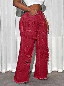 Slaydiva Women's Casual Washed Frayed Ripped Wide Leg Jeans - Red - View 3