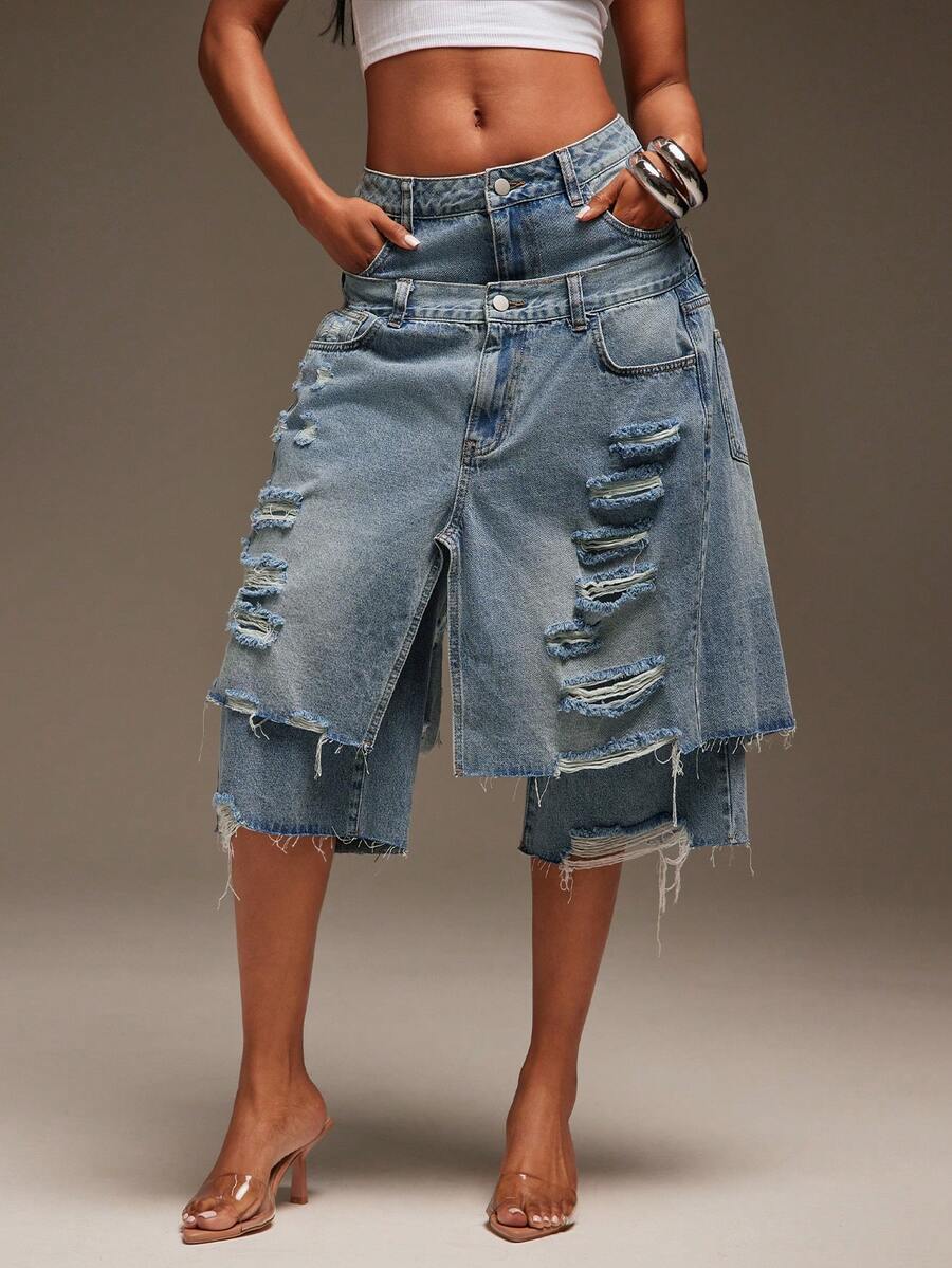 Denimoi Overlapping Layered Distressed Denim Jorts Fashionable Streetwear - Light Wash - View 1