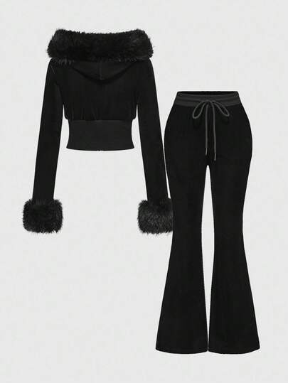 J-Fashion 2 pièces Ensemble de Sweat-shirt en velours avec strass style Y2K pour femmes, automne/hiver