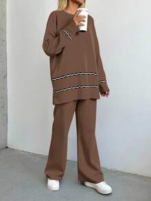 SHEIN Cottnline Solid Drop Shoulder Sweater & Knit Pants - Camel - View 6