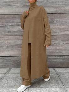 EURMUSE 2pcs Women's Casual Solid Color Cardigan & Pants Set, Fall/Winter - Camel - View 3