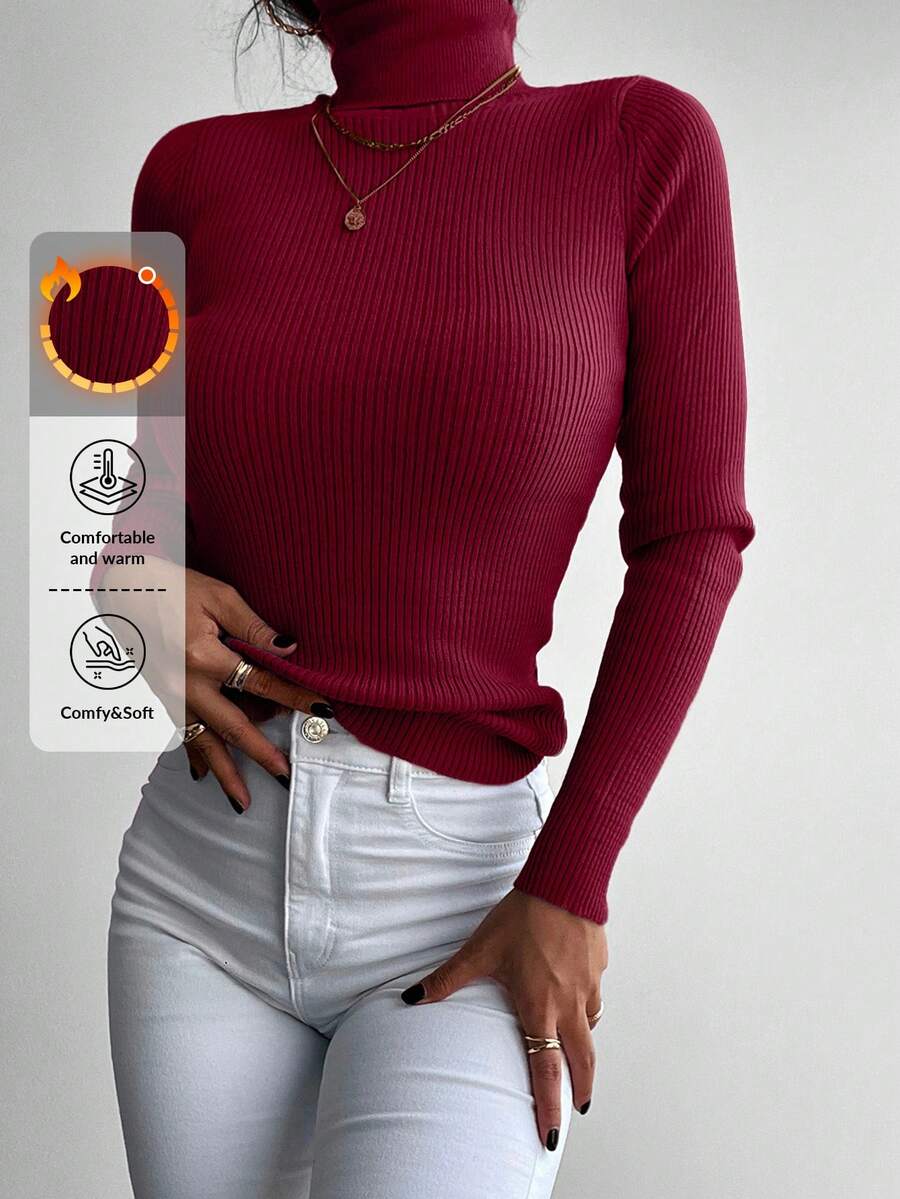 RueChic Solid Turtleneck Ribbed Knit Sweater - Màu Đỏ Sâu - Xem 1