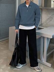 DAZY 男士纯色四分之一拉链 Polo 领可调节纽扣套头卫衣，秋冬季 - 藍色 - 查看 4