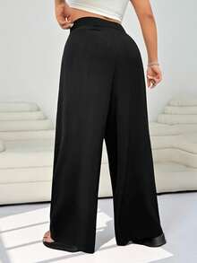 Solflare Plus Size Office Women Outfits,Black High Waist Straight Leg Casual Pants, Minimalist & Stylish For Daily Wear,Spring Summer Clothes In Fall/Winter