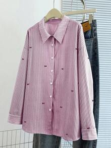 GlowEve CURVE Plus Size Casual Striped Bow Print Button Front Long Sleeve Shirt, Autumn