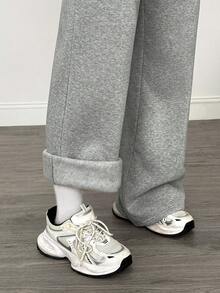 SHEIN Comfortable Casual Solid Color Knit Low Waist Wide Leg Teen Girl Sports Pants, Thermal Lined Winter Sports Pants, Wide Leg Sports Pants, Flared Sports Pants, Fleece Sports Pants - Grey - View 8