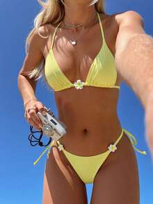 Swim Mod Women's Solid Color Halter Floral Decor Bikini Set, Spring/Summer - Yellow - View 1