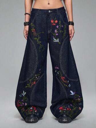 Grunge Punk Oversized Jeans mit floraler Stickerei und extra tiefer Taille, Straßenmode