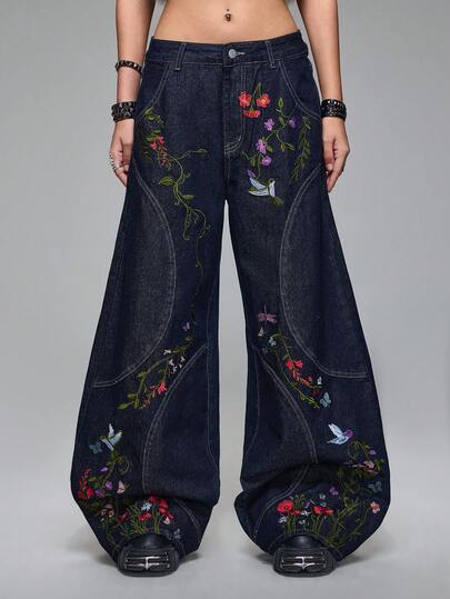 Grunge Punk Jeans taille basse super oversize avec broderie florale, mode de rue