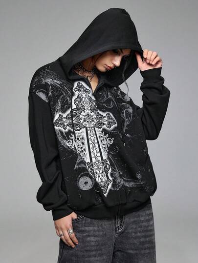 Grunge Punk Grunge Style Cross Pattern Print Loose Fit Hoodie For Women