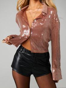 MISSGUIDED Sequined Button Down Cropped Blouse Long Sleeve Party Festival Evening Shimmer Top - Khaki - View 4