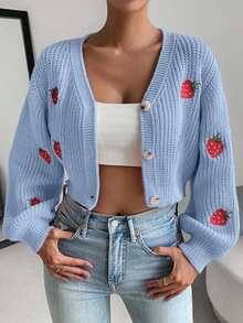 EURMUSE Strawberry Embroidery Drop Shoulder Cardigan - Blue - View 6