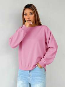EURMUSE Damen lässiger Alltags-Pullover mit einfarbigem, locker fallendem Schnitt, Drop-Shoulder, Herbst - Babypink - Übersicht 3