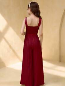 Girls' Round Neck Sleeveless Waist Splicing Pleated Elegant Party Jumpsuit - Burgundy - View 2