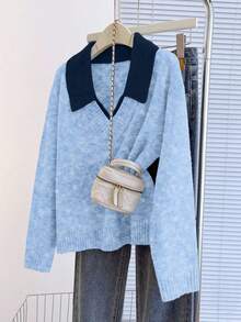 Franclia V-Neck 2 In 1 Long Sleeve Sweater, Autumn/Winter - Dusty Blue - View 8
