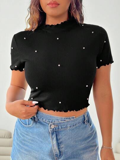 Solflare Black Knit Rib Texture Beaded Short Sleeve T-Shirt