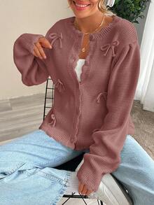 Cárdigan casual con borde de concha decorado con moño de unicolor para otoño/invierno - Rosa Oxidada - Ver 6