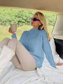 EURMUSE Women Solid Color Mock Neck Raglan Sleeves Sweater - Baby Blue - View 5