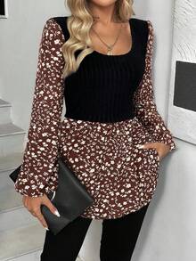 SHEIN LUNE Áo dệt kim tay phồng cổ chữ U, vạt cong, dáng chữ A họa tiết hoa nhí LUNE dành cho nữ, thích hợp cho mùa xuân/hè, phong cách thường ngày. - màu nâu - Xem 4