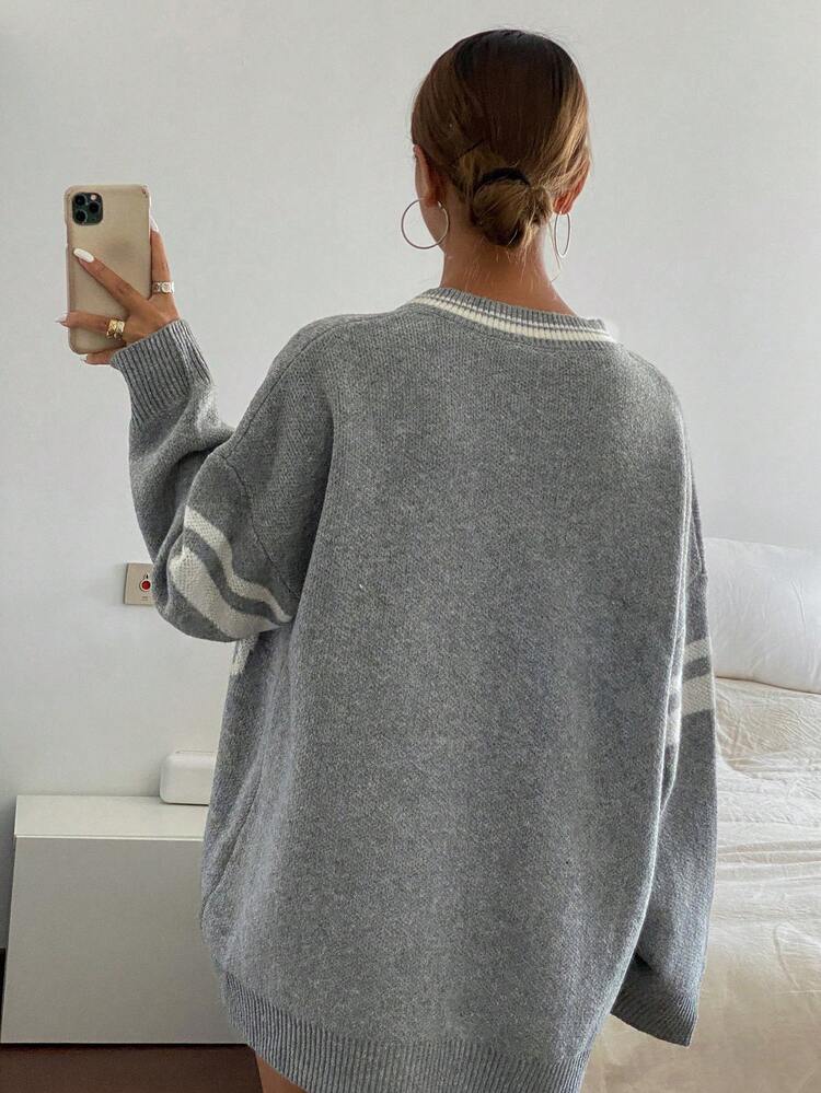 Ladies' Loose Fit V-Neck Letter Jacquard Knitted Sweater,Long Sleeve Tops,Fall Women Clothes