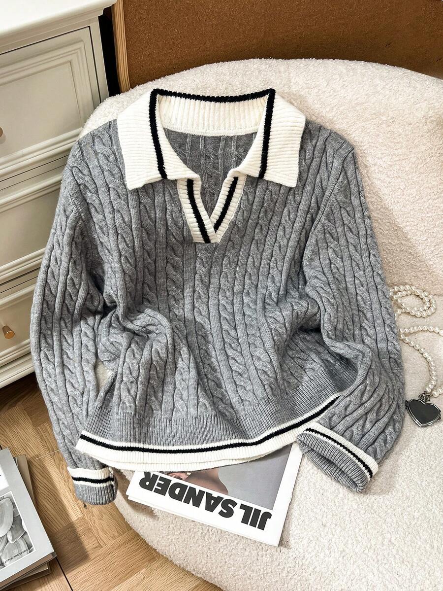 INAWLY Suéter de Tricô para Uso Diário Feminino, Suéter de Lã Colorblock, Outono/Inverno - Cinza - Visão 1