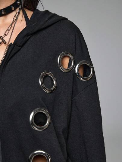 Grunge Punk Heavy Metal Punk Style Grommet Hooded Sweatshirt Set For Women