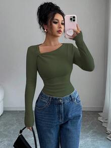 Selianne Autumn/Winter New Solid Color Brushed Ribbed Oblique Collar Pleated Long Sleeve T-Shirt, Slim Fit Casual Top - Army Green - View 8