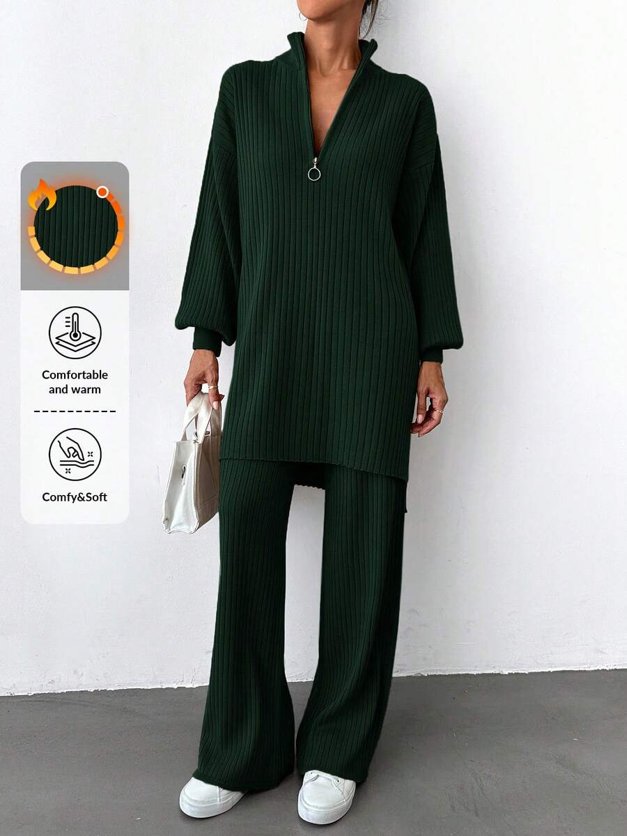 EURMUSE 2pcs Women's Half-Zip Rib Knit Long Sleeve Top And Long Pants Sweater Set - Dark Green - View 1