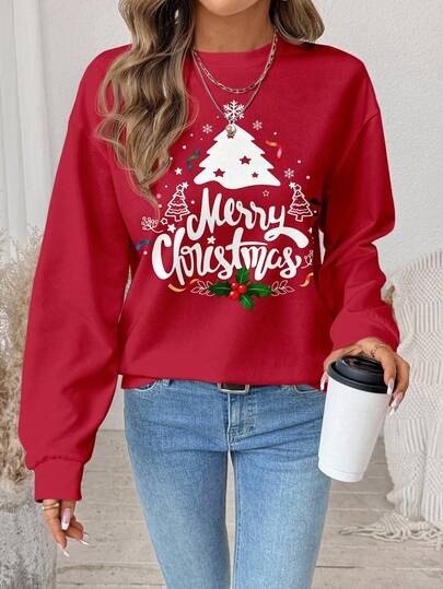 SHEIN LUNE Casual Minimalist Red Christmas Tree & Merry Christmas Letter Print Pattern Loose Fit Crew Neck Long Sleeve Hoodie Sweatshirt For Women, Suitable For Autumn/Winter, Family Gathering, Family Set,Christmas
