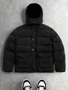 Manfinity Roghcode Men's Black Solid Color Hooded Winter Puffer Jacket,Basic Casual Date Long Sleeve Utility Pocket Thermal Lined Puffy Coat - Black - View 1