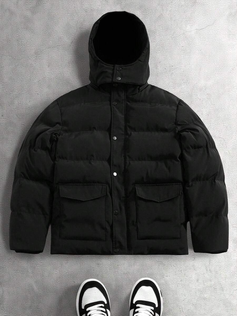 Manfinity Roghcode Men's Black Solid Color Hooded Winter Puffer Jacket,Basic Casual Date Long Sleeve Utility Pocket Thermal Lined Puffy Coat - Black - View 1