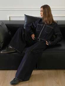 Livesso Women's Casual Collared Top And Loose Fit Jeans Set, Autumn - Blue - View 7