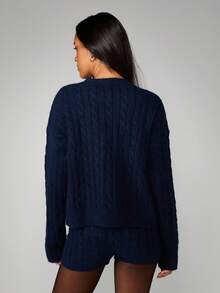 MISSGUIDED Conjunto de suéter de punto de cable y pantalones cortos a juego, ropa de estar en casa de invierno - Azul Marino - Ver 2