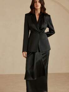Aveloria Women's Asymmetrical Satin Elegant Long Sleeve Blazer & Maxi Skirt Suit Set