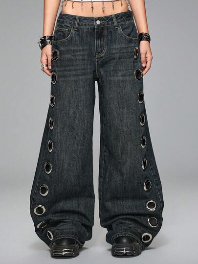 Grunge Punk Jeans vintage lavados de talle bajo y súper holgados con agujeros con ojales a los lados, estilo Y2K