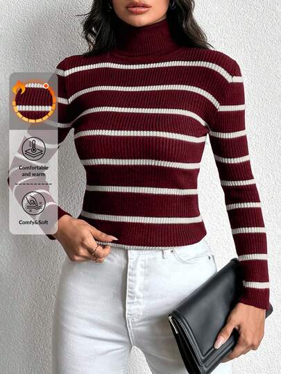 EURMUSE Women Casual Striped Turtleneck Form-Fitting Long Sleeve Sweater,Jumper,Cream Jumper,Jumpers,Black Jumper,Womens Jumper,White Jumper,Women's Jumper,Women's Jumpers,Winter Clothes
