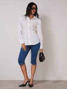 COSMINA 女士直筒七分牛仔短裤，高腰修身款 - 藍色 - 查看 4