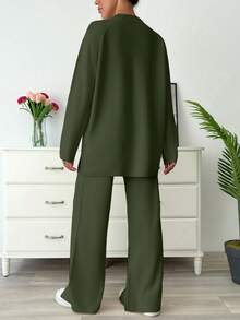 EURMUSE Knitwear Basic Oversize Co-Ords Solid Color Long Sleeve Loose Sweater And Trousers - Khaki - View 2