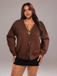 Rustia Plus Size Cardigans, Loose Fit, Shell Metal Button Decor, Solid Color CASUAL - Brown - View 5