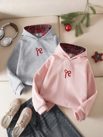 Genkimix Kids 2 Stücke/Set Tween Mädchen Minimalistischer Schleife Stickerei Kontrast Karomuster Kapuzenpullover, Grau & Pink Kombination, Koreanischer Alltags-Outfit für Herbst