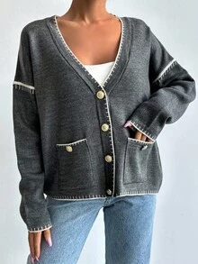EURMUSE Women Solid Color Deep V-Neck Handmade Stitch Detailed Cardigan - Dark Grey - View 5