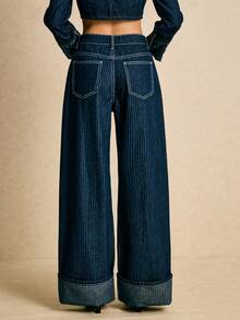 Poéselle 女士通勤时尚条纹阔腿牛仔裤，低腰宽松牛仔裤，新年卷边牛仔裤，冬季款 - 深色水洗藍 - 查看 2