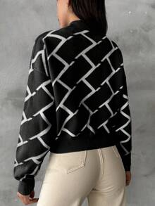 EURMUSE Women's Casual Geometric Pattern Sweater For Fall And Winter - Black - View 2