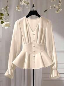 Franclia Plus Size Women Elegant Solid Color Chiffon Sheer V-Neck Pearl Button Decor Puff Sleeve Ruffle Cuff Versatile Design Long Sleeve Blouse Shirt - Apricot - View 1