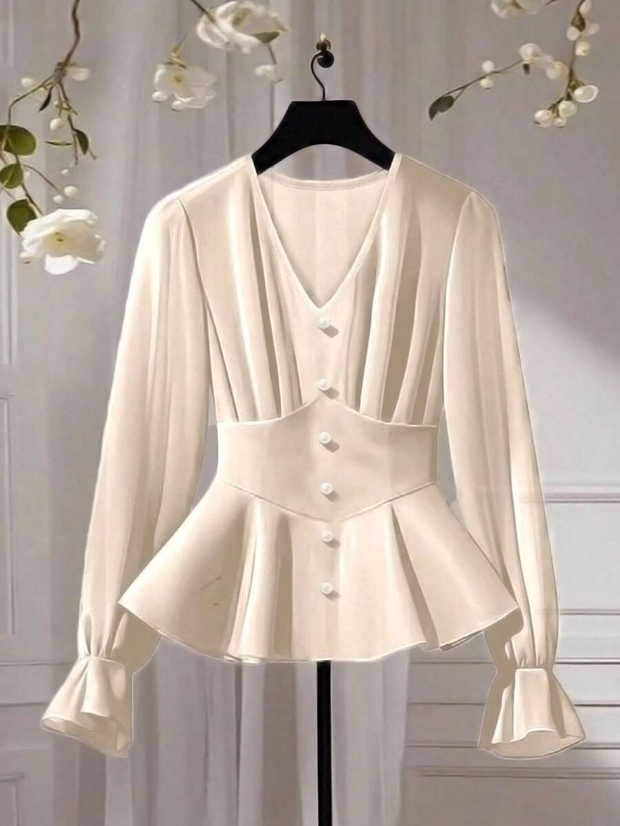 Franclia Plus Size Women Elegant Solid Color Chiffon Sheer V-Neck Pearl Button Decor Puff Sleeve Ruffle Cuff Versatile Design Long Sleeve Blouse Shirt - Apricot - View 1