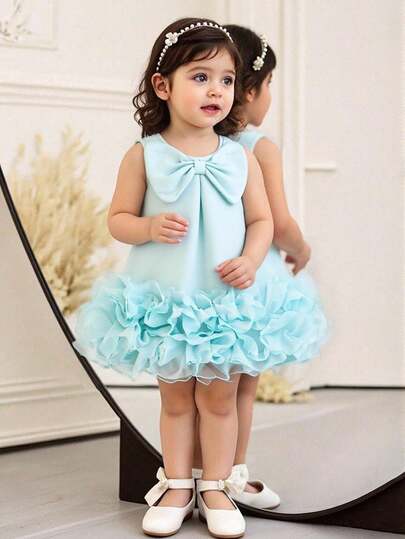 Elladie kids 女婴优雅无袖蝴蝶结装饰荷叶边网眼下摆连衣裙，春夏