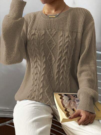 EMERY ROSE Suéter casual de cuello redondo de manga larga con patrón de cable para mujer de talla grande, otoño/invierno