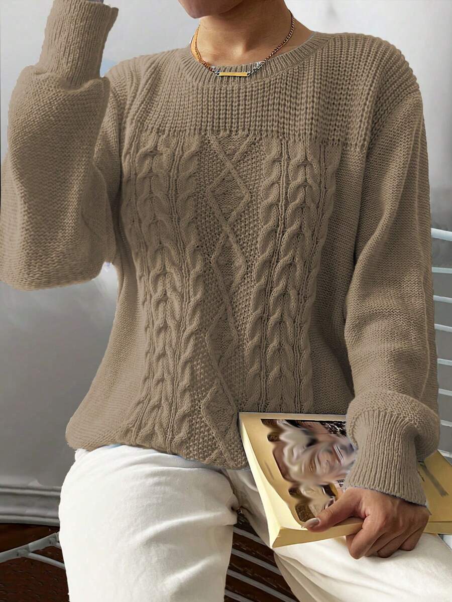 EMERY ROSE Áo len chui đầu cổ tròn tay dài họa tiết cáp cỡ lớn dành cho nữ, mùa thu/đông - Lạc đà - Xem 1