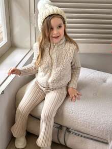 冬季少女毛绒拉链领外套搭配柔软罗纹长袖T恤和喇叭裤休闲套装长袖上衣长袍外套