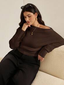 Auralis 大码女装秋冬时尚休闲宽松舒适日常简约百搭露肩长袖棕色套头毛衣，秋季穿搭，简约风格，返校季，外出上衣 - 棕色 - 查看 7